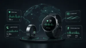 Wearable Tech Feedbuzzard illustration showing a modern smartwatch and smart ring connected with glowing health-tracking interfaces, including heart rate, sleep monitoring, AI assistant signals, and fitness analytics on a dark futuristic background.
