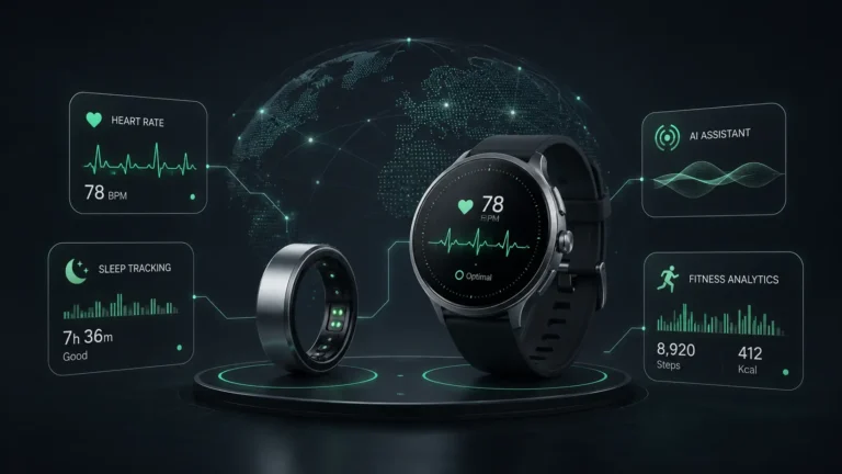 Wearable Tech Feedbuzzard illustration showing a modern smartwatch and smart ring connected with glowing health-tracking interfaces, including heart rate, sleep monitoring, AI assistant signals, and fitness analytics on a dark futuristic background.