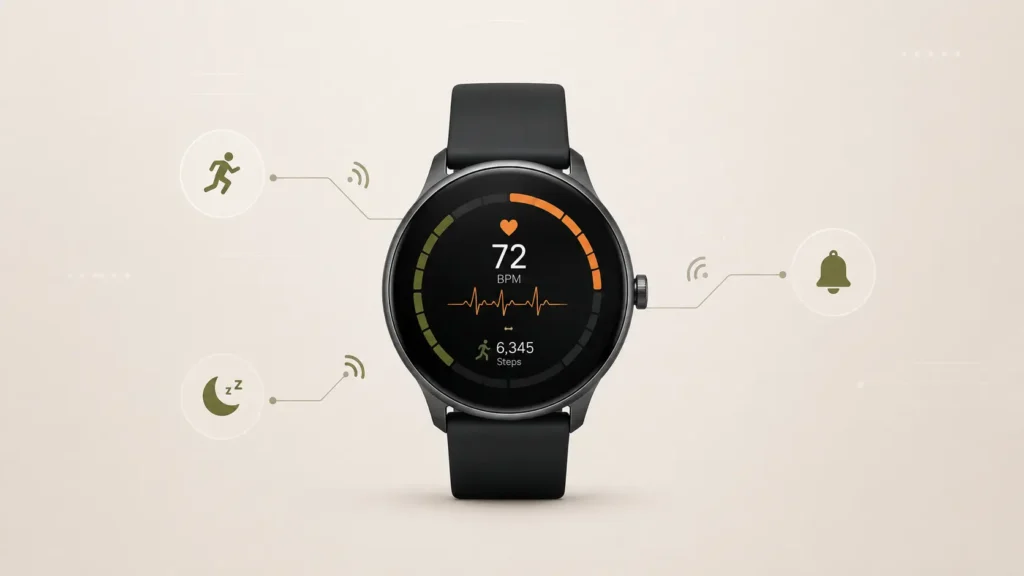 Minimalist Wearable Tech Feedbuzzard illustration featuring a sleek central smartwatch with pulse tracking, activity progress ring, fitness, sleep, and smart notification icons connected through subtle wireless lines on a soft beige background.