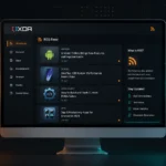 Professional digital illustration of the XDA-Developers RSS feed dashboard showing Android news, app updates, developer tools, and tech content cards connected through glowing data lines on a dark modern interface.