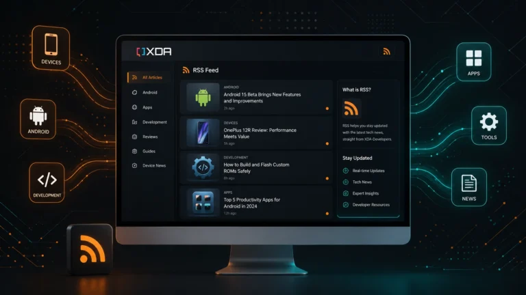 Professional digital illustration of the XDA-Developers RSS feed dashboard showing Android news, app updates, developer tools, and tech content cards connected through glowing data lines on a dark modern interface.