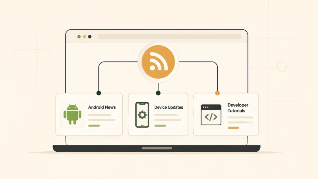 Minimalist illustration of the XDA-Developers RSS feed with a central RSS icon connected to Android news, device updates, and developer tutorial cards inside a simple laptop interface on a soft beige background.