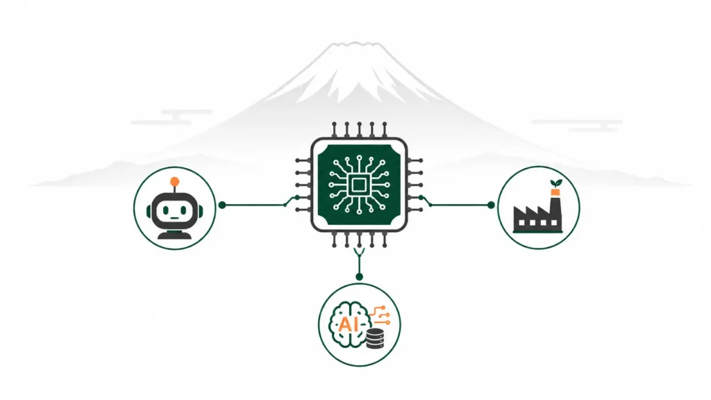 Japan technology news today minimalist illustration with microchip, AI icons, smart factory connections, and Mount Fuji background