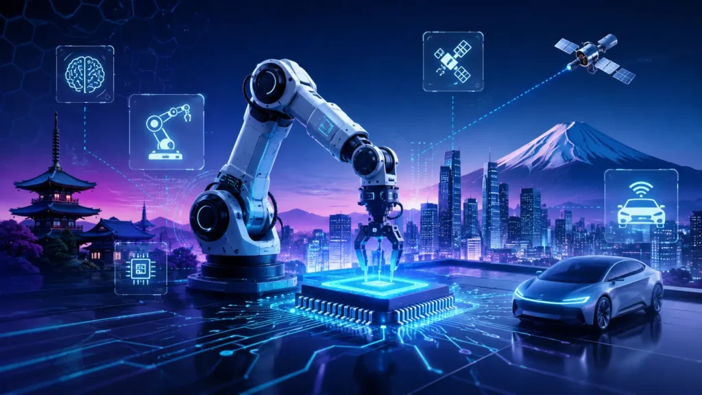 Japan technology news today illustration showing AI robotic arm, semiconductor chip, smart city skyline, autonomous vehicle, and futuristic Japanese technology ecosystem
