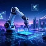 Japan technology news today illustration showing AI robotic arm, semiconductor chip, smart city skyline, autonomous vehicle, and futuristic Japanese technology ecosystem