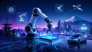Japan technology news today illustration showing AI robotic arm, semiconductor chip, smart city skyline, autonomous vehicle, and futuristic Japanese technology ecosystem