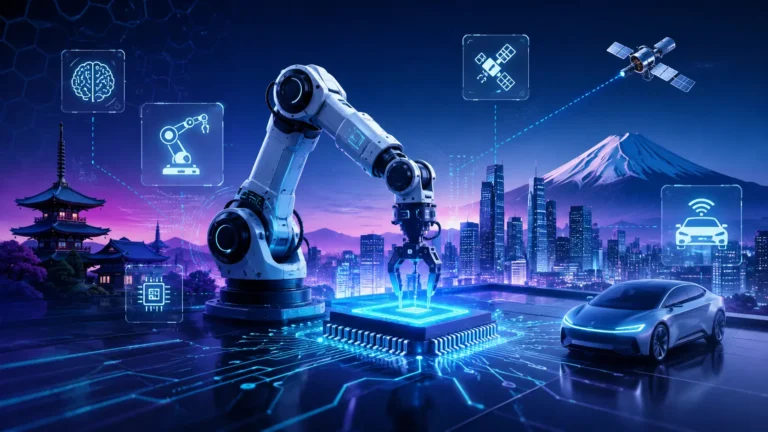 Japan technology news today illustration showing AI robotic arm, semiconductor chip, smart city skyline, autonomous vehicle, and futuristic Japanese technology ecosystem