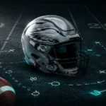 Minimalist professional illustration of a silver football helmet on a dark football field with tactical defensive play lines and a football, representing Reed Blankenship’s rise as a smart NFL safety.
