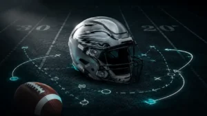 Minimalist professional illustration of a silver football helmet on a dark football field with tactical defensive play lines and a football, representing Reed Blankenship’s rise as a smart NFL safety.