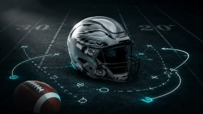 Minimalist professional illustration of a silver football helmet on a dark football field with tactical defensive play lines and a football, representing Reed Blankenship’s rise as a smart NFL safety.