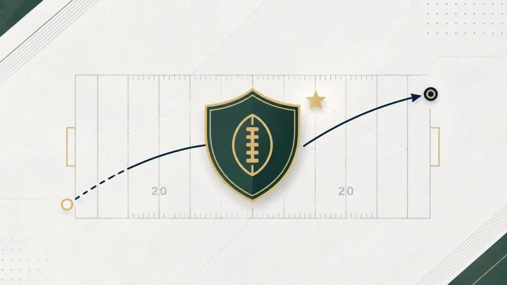 Clean sports infographic illustration showing a football safety shield icon on a minimal football field with an interception route line and glowing star, symbolizing Reed Blankenship’s defensive impact and rising NFL reputation.