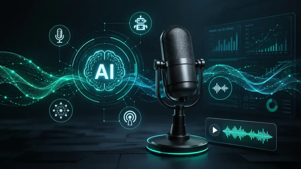 AI Technology Podcasts 2026 illustration showing futuristic podcast microphone with AI data waves and modern machine learning dashboard interface
