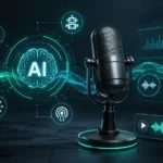 AI Technology Podcasts 2026 illustration showing futuristic podcast microphone with AI data waves and modern machine learning dashboard interface