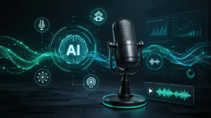 AI Technology Podcasts 2026 illustration showing futuristic podcast microphone with AI data waves and modern machine learning dashboard interface