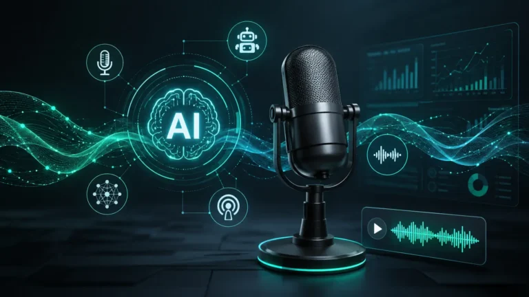 AI Technology Podcasts 2026 illustration showing futuristic podcast microphone with AI data waves and modern machine learning dashboard interface