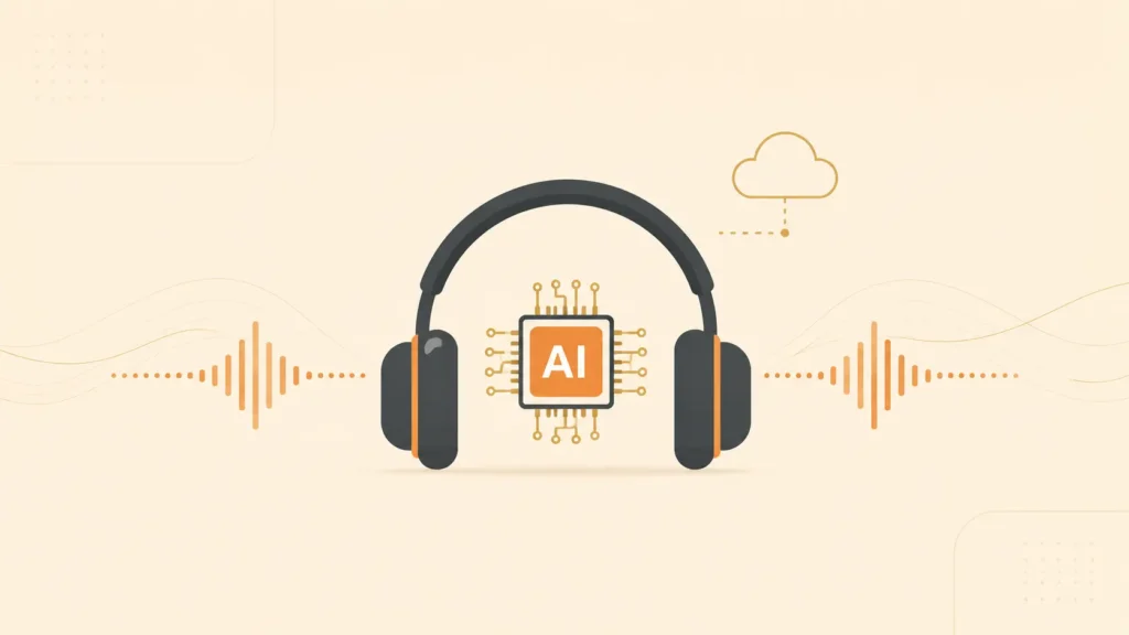 Minimal AI Technology Podcasts 2026 illustration with headphones, AI chip, podcast audio waves, and cloud streaming concept