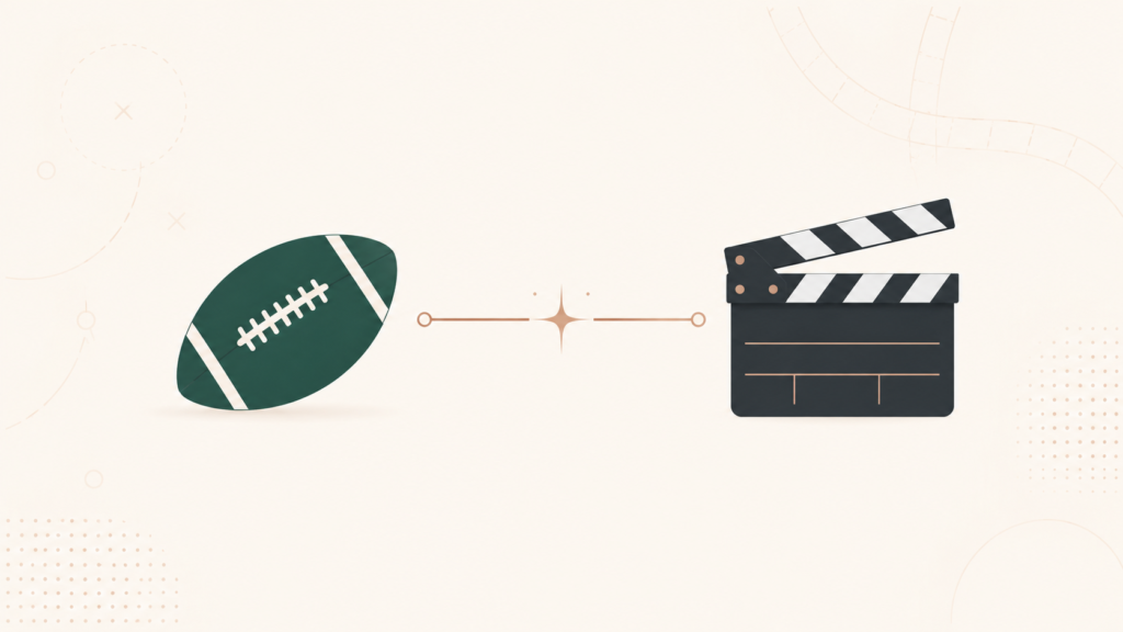 Simple Josh Allen Hailee Steinfeld minimalist illustration showing a football icon connected to a movie clapperboard with a glowing sparkle on a soft off-white background.
