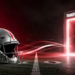 Jeremiah Smith transfer portal illustration showing a modern football helmet connected to a glowing transfer portal doorway on a college football field with dramatic scarlet lighting.