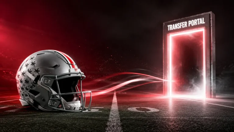 Jeremiah Smith transfer portal illustration showing a modern football helmet connected to a glowing transfer portal doorway on a college football field with dramatic scarlet lighting.