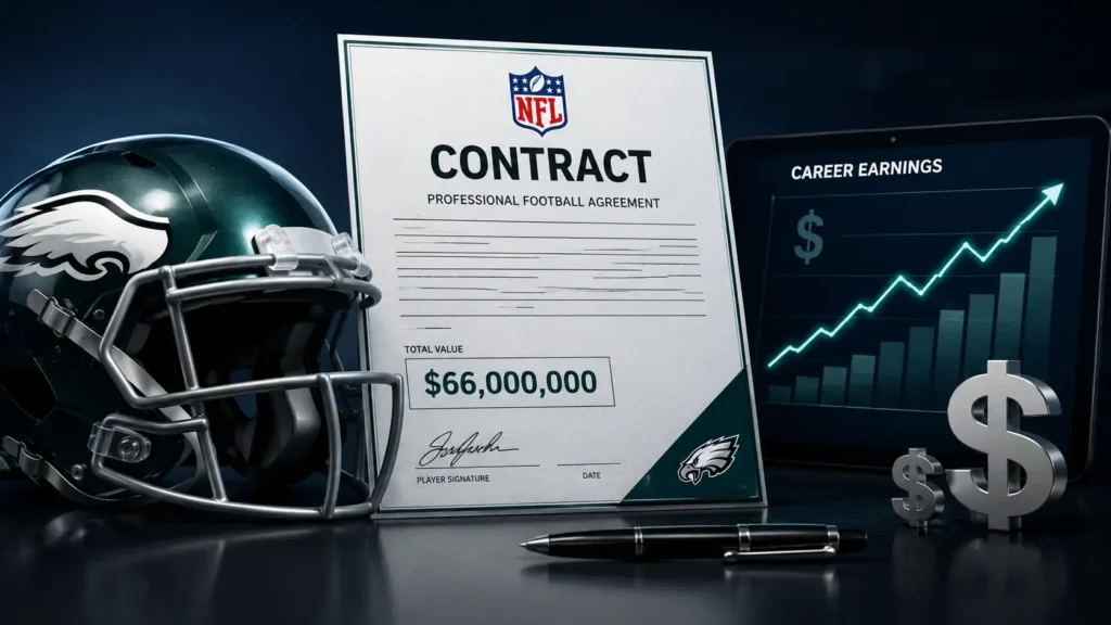Professional editorial illustration of the Za'Darius Smith contract featuring a modern NFL-style contract document beside a sleek football helmet, digital salary growth chart, dollar symbols, and signature details on a dark navy sports-business background.