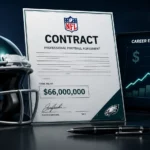 Professional editorial illustration of the Za'Darius Smith contract featuring a modern NFL-style contract document beside a sleek football helmet, digital salary growth chart, dollar symbols, and signature details on a dark navy sports-business background.