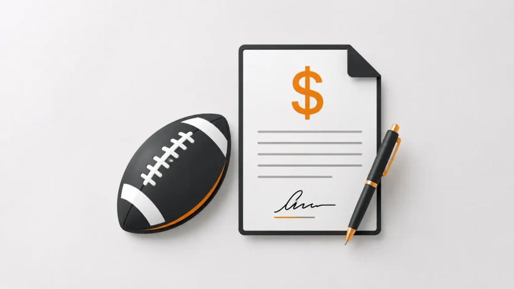 Minimalist Za'Darius Smith contract illustration showing a clean football icon beside a modern contract paper with a bold dollar symbol and pen icon on a soft light gray background with orange and charcoal accents.