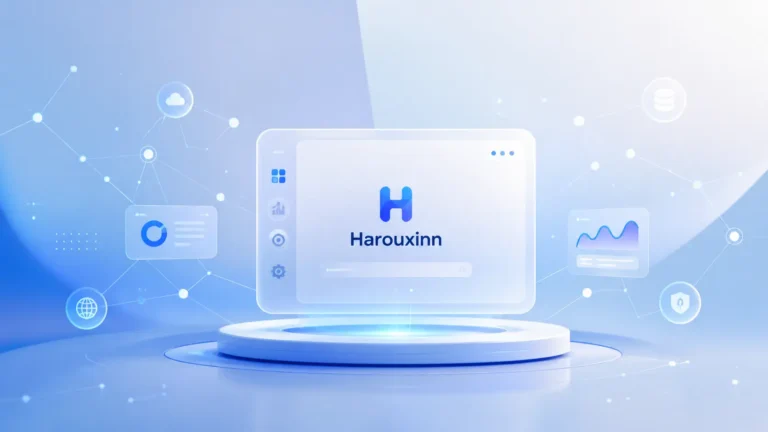 Harouxinn digital innovation concept with futuristic interface, data nodes, and clean modern workspace design