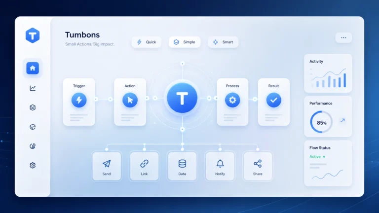 A futuristic digital dashboard illustrating the concept of Tumbons as small micro-actions, showing connected cards, buttons, and glowing nodes arranged in a structured flow on a clean blue-toned interface.