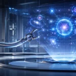 Professional futuristic illustration of Reed Richards featuring a glowing multiverse hologram inside a high-tech science lab with a stretching robotic arm device and blue cosmic lighting.