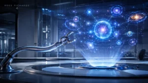 Professional futuristic illustration of Reed Richards featuring a glowing multiverse hologram inside a high-tech science lab with a stretching robotic arm device and blue cosmic lighting.