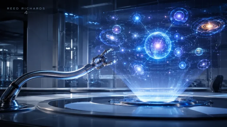 Professional futuristic illustration of Reed Richards featuring a glowing multiverse hologram inside a high-tech science lab with a stretching robotic arm device and blue cosmic lighting.