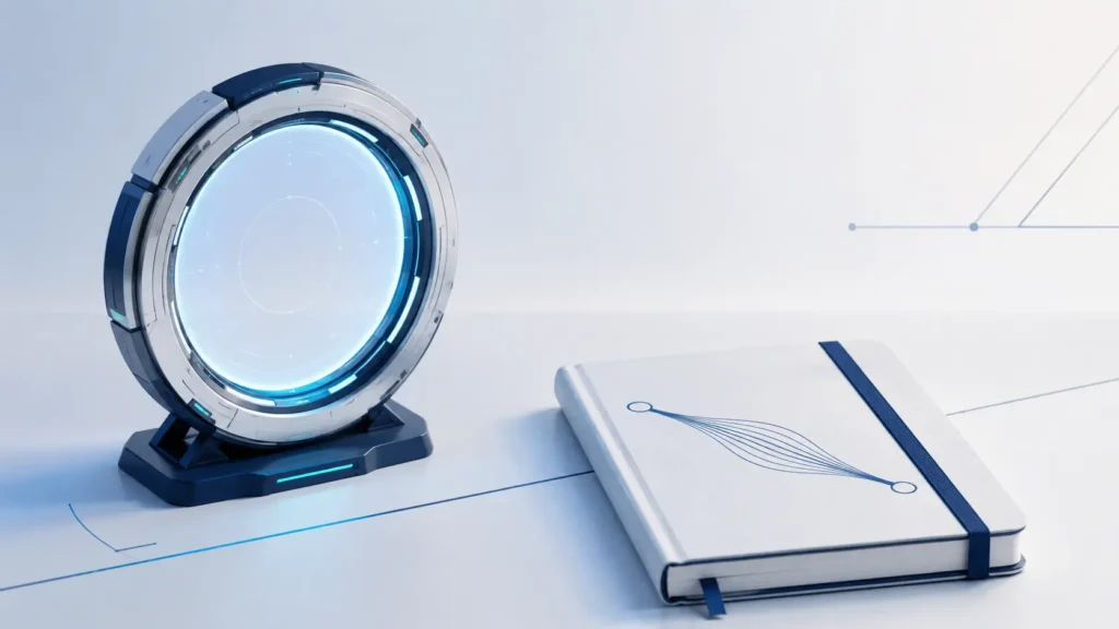 Minimalist Reed Richards illustration showing a futuristic portal device beside a scientific notebook with an elastic-line symbol on a clean white and blue background.