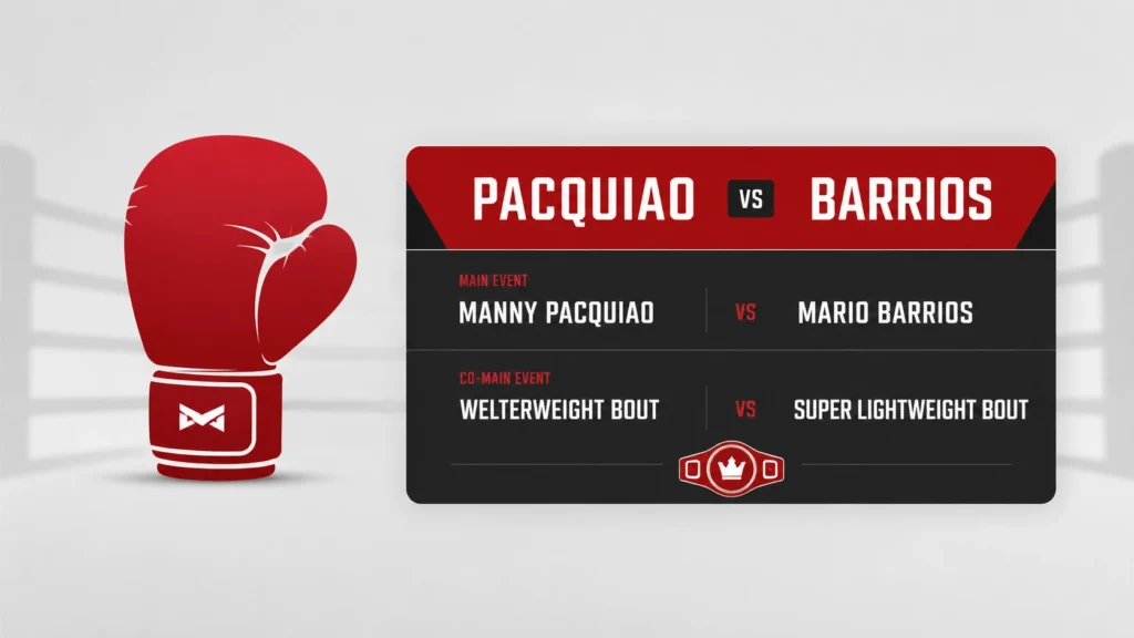 Professional sports editorial style graphic showing a clean boxing glove icon and sleek fight schedule card for Manny Pacquiao vs Mario Barrios in a red, black, and white minimalist design.