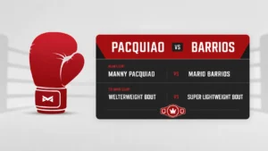 Professional sports editorial style graphic showing a clean boxing glove icon and sleek fight schedule card for Manny Pacquiao vs Mario Barrios in a red, black, and white minimalist design.