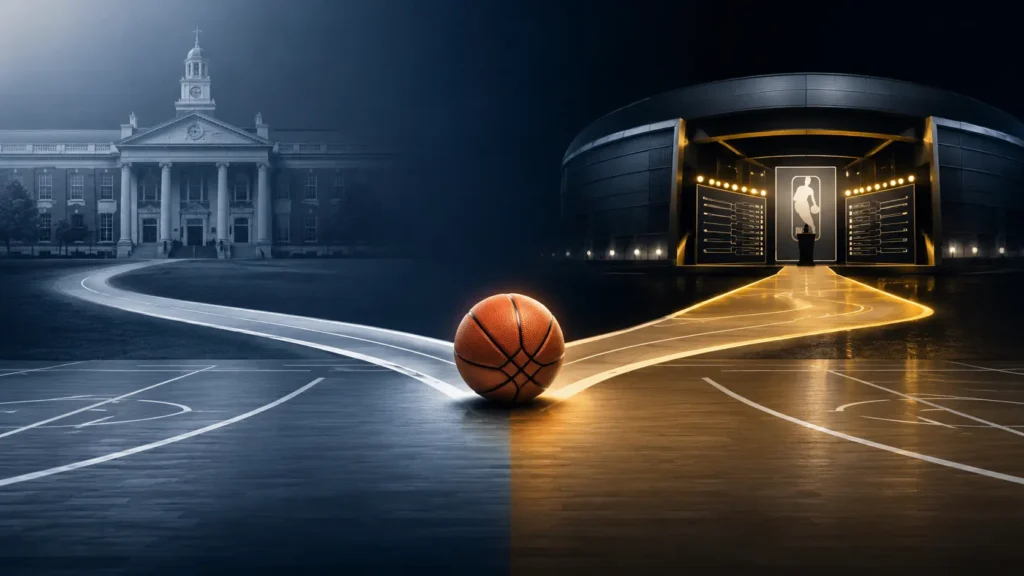 Josh Giddey College career path illustration showing a basketball between a university campus and a professional basketball arena, highlighting his decision to skip college basketball and enter the NBA through Australia's professional league system.