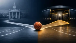 Josh Giddey College career path illustration showing a basketball between a university campus and a professional basketball arena, highlighting his decision to skip college basketball and enter the NBA through Australia's professional league system.