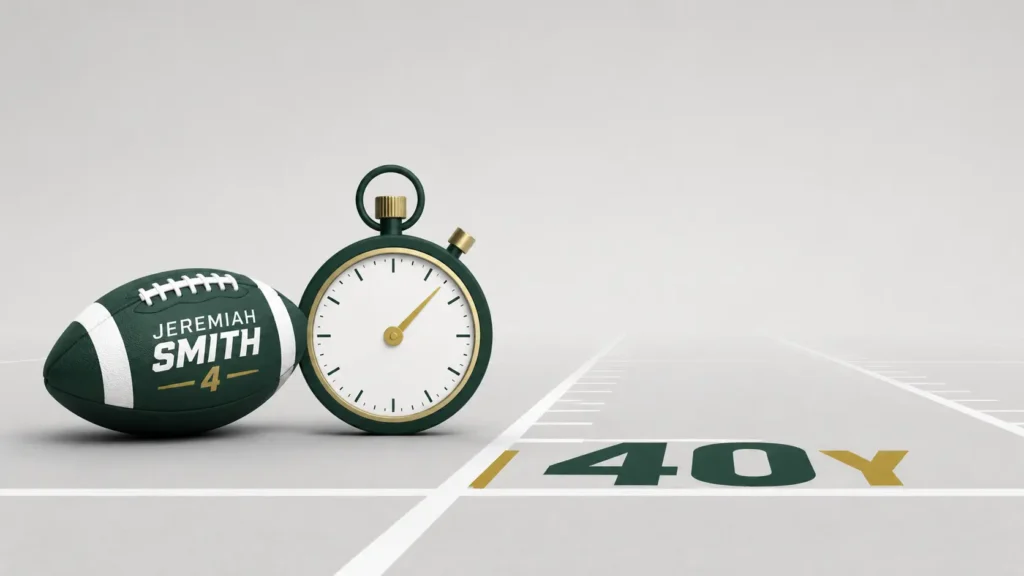 Jeremiah Smith 40 Time sports graphic featuring a football, 4.40-second stopwatch display, performance analytics clipboard, and 40-yard dash track representing elite receiver speed.