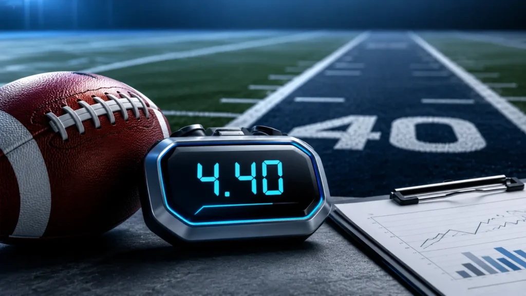 Jeremiah Smith 40 Time illustration showing a football, digital stopwatch reading 4.40 seconds, scouting clipboard, and 40-yard dash lane marker on a professional football field background.