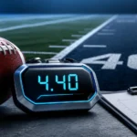 Jeremiah Smith 40 Time illustration showing a football, digital stopwatch reading 4.40 seconds, scouting clipboard, and 40-yard dash lane marker on a professional football field background.
