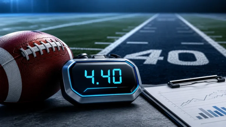 Jeremiah Smith 40 Time illustration showing a football, digital stopwatch reading 4.40 seconds, scouting clipboard, and 40-yard dash lane marker on a professional football field background.