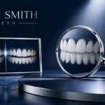 Professional illustration for Jaden Smith teeth featuring a dental mirror reflecting bright aligned teeth beside a subtle before-and-after smile comparison frame, symbolizing smile transformation and cosmetic dental care.