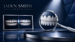 Professional illustration for Jaden Smith teeth featuring a dental mirror reflecting bright aligned teeth beside a subtle before-and-after smile comparison frame, symbolizing smile transformation and cosmetic dental care.