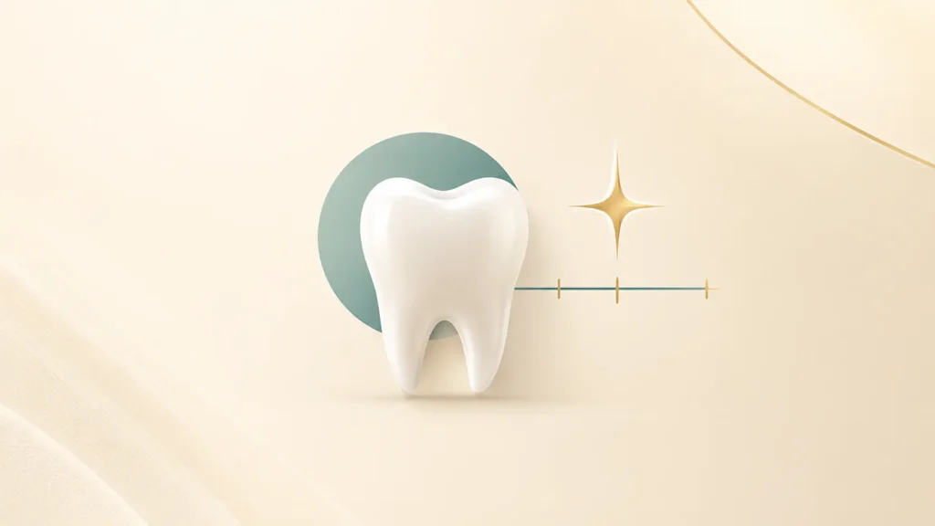 Minimalist Jaden Smith teeth illustration showing a clean white tooth with sparkle accents and an alignment guide line, representing a healthy, straight, and brighter smile.