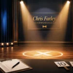 Chris Farley Chippendales audition stage illustration featuring a professional TV studio set with polished wooden dance floor, dual spotlights, judges’ desk with scorecards and clipboard, vintage comedy-show backdrop, and elegant theater curtains in deep navy and gold tones.