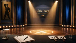 Chris Farley Chippendales audition stage illustration featuring a professional TV studio set with polished wooden dance floor, dual spotlights, judges’ desk with scorecards and clipboard, vintage comedy-show backdrop, and elegant theater curtains in deep navy and gold tones.
