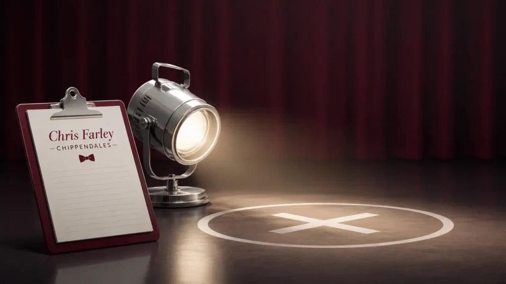 Chris Farley Chippendales minimalist illustration showing a simple audition clipboard beside a silver stage spotlight and dance-floor position marker, with subtle burgundy theater curtains and a clean professional entertainment studio atmosphere.