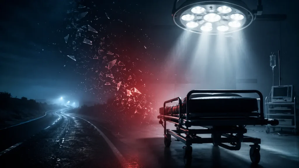 A cinematic split-scene illustration showing a dark nighttime road fading into a hospital emergency setting, symbolizing Alison Botha injuries survival story, with glowing surgical lights, an empty stretcher silhouette, and shattered glass fragments representing trauma and recovery in a dramatic medical rescue atmosphere.