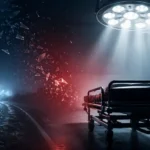 A cinematic split-scene illustration showing a dark nighttime road fading into a hospital emergency setting, symbolizing Alison Botha injuries survival story, with glowing surgical lights, an empty stretcher silhouette, and shattered glass fragments representing trauma and recovery in a dramatic medical rescue atmosphere.