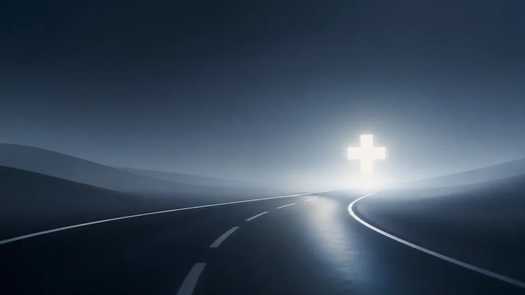 A minimal illustration of a winding night road fading into a glowing hospital cross icon, symbolizing Alison Botha injuries survival and recovery journey, designed with soft blue-gray tones and clean gradients representing hope and healing.