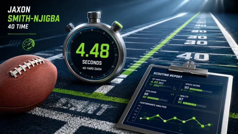 Jaxon Smith-Njigba 40 time showcased in a professional NFL combine setup with a 40-yard dash lane, digital stopwatch showing 4.48 seconds, and scouting report clipboard in a stadium-style lighting environment.